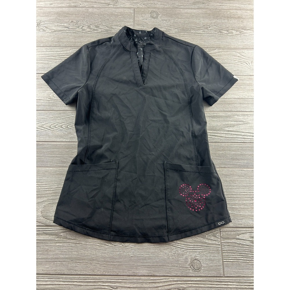 Disney Infinity Women's Black Scrub Top V Neck Mickey Mouse Pocket Size XS